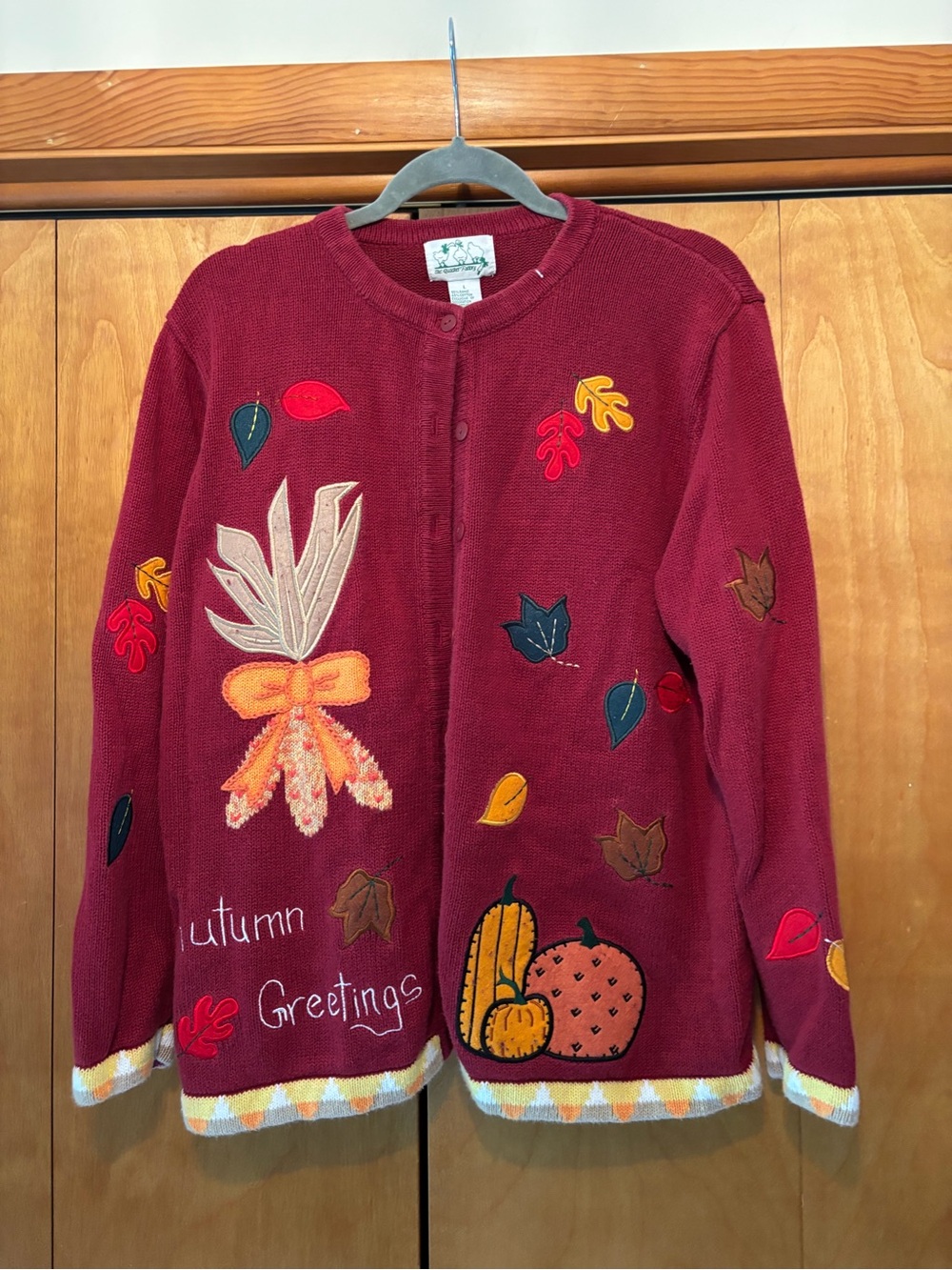Quacker Factory Burgundy Autumn Greetings Button Down Sweater